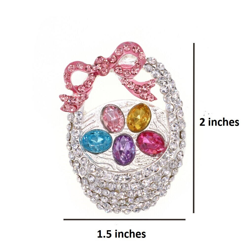 Easter Basket Pink White Colored Eggs Crystal Rhinestone Pin & Gold Bag