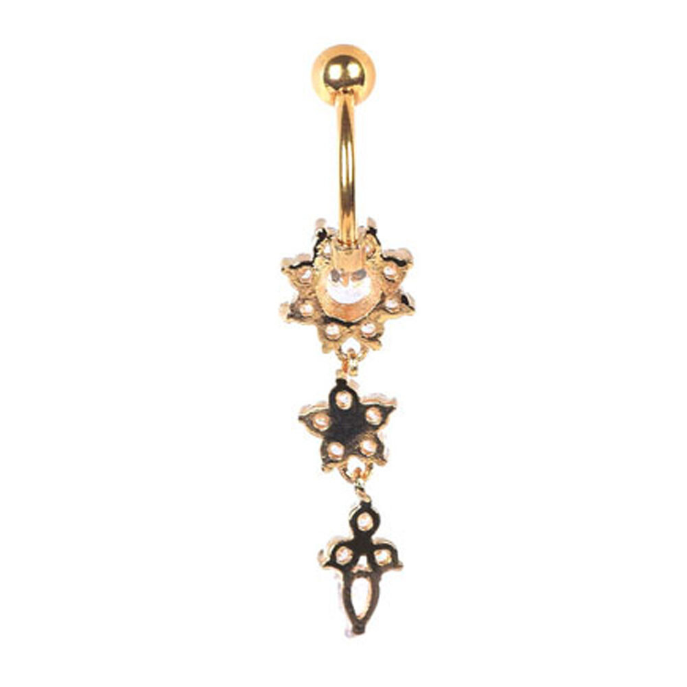 CZ Flower Belly Button Ring Surgical Steel Dangle Navel Bar Barbell Piercing 14g