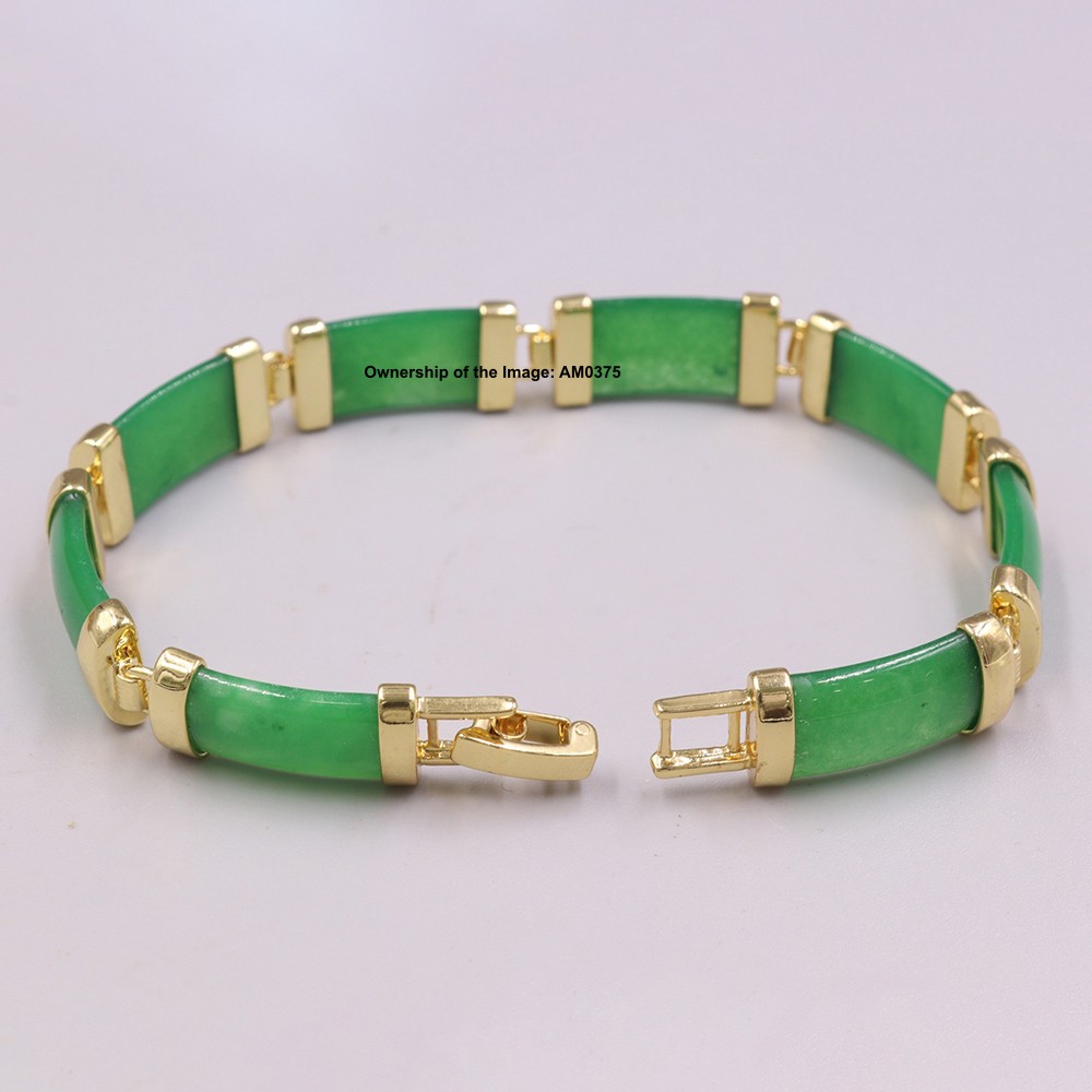 Gold Plated Alloy 10mm Rectangle Green Jade Women’s Bracelet 7.48inch