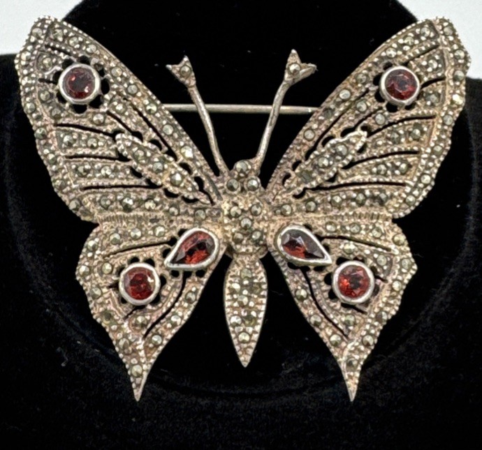 Art Deco Revival Butterfly Brooch 925 With Marcasites And Garnets