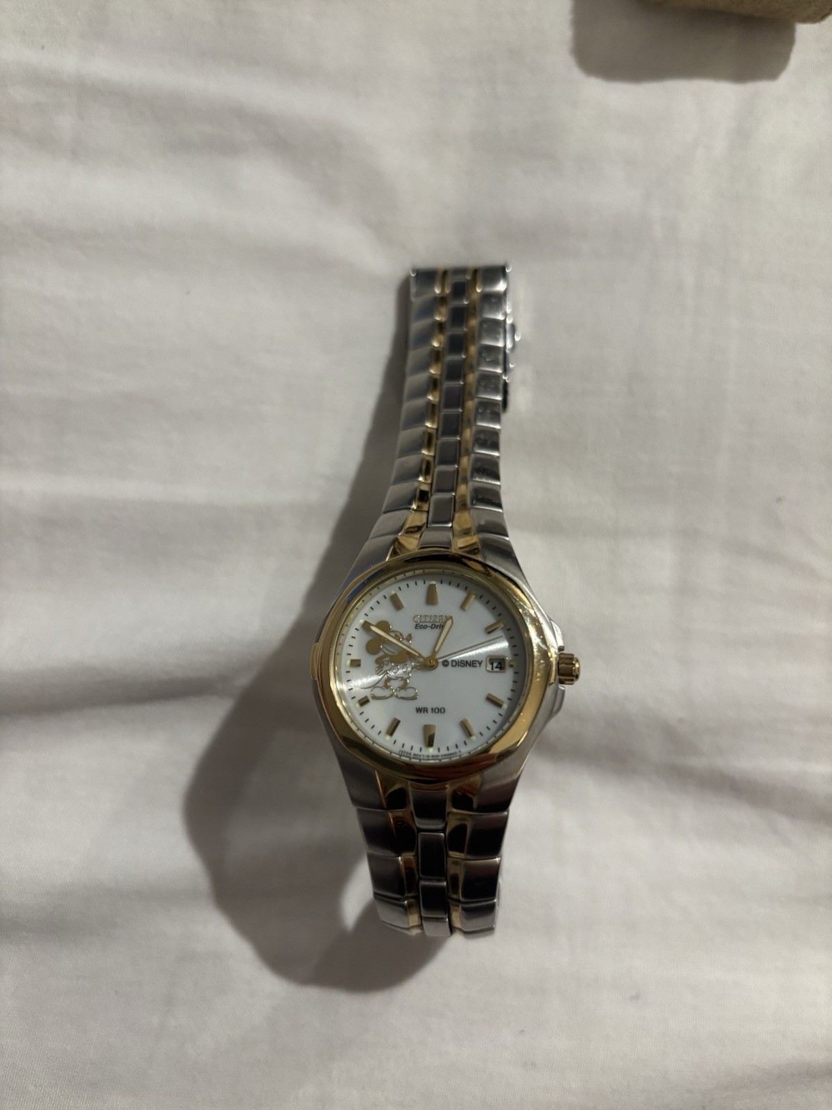 Citizen Eco-Drive Disney Two-Tone Bracelet Watch White Dial Date WR100