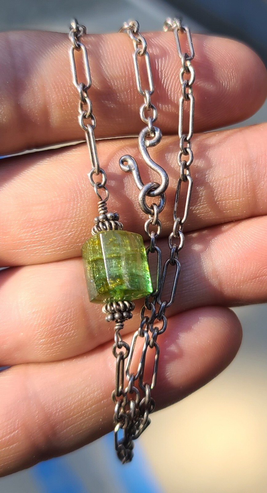 Vintage Sterling 925 Solid Silver Flourite Pendant Chain 17.75″ Necklace 3mm W
