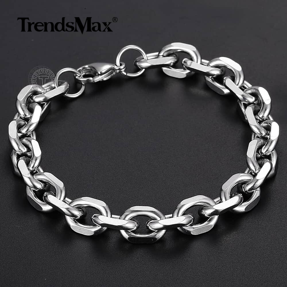 10mm Oval Round Cable Link Bracelet Mens Silver Tone Stainless Steel Chain Gift