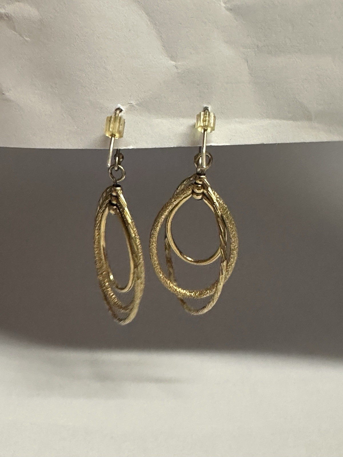 Gold Tone Oval Double Hoop Dangle Drop Earrings Hook Closure No Stone Metal