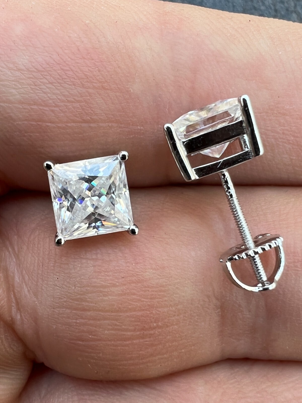 Real MOISSANITE Square Princess Stud Earrings Unisex 925 Silver Passes Tester
