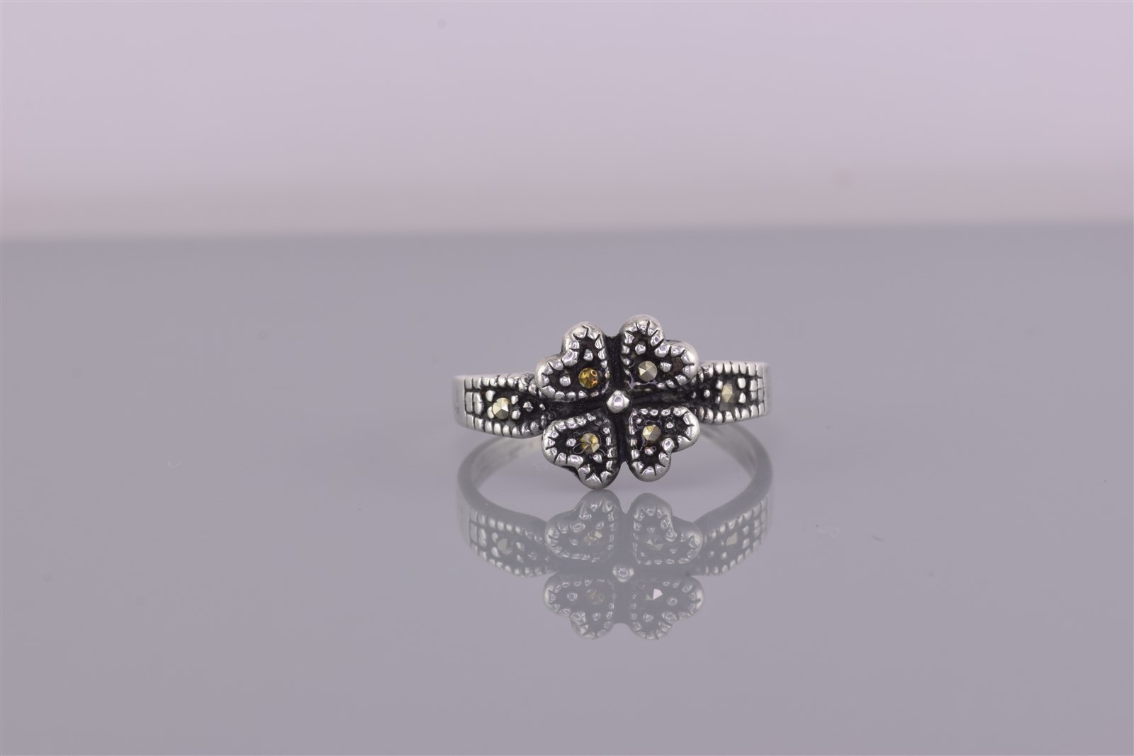 Sterling Silver Four Heart Clover Marcasite Band Ring 925 Sz: 7