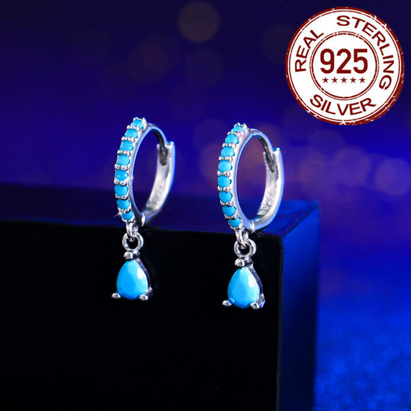 925 Sterling Silver Zircon Blue Turquoise Water Drop Dangle Hoop Huggie Earrings
