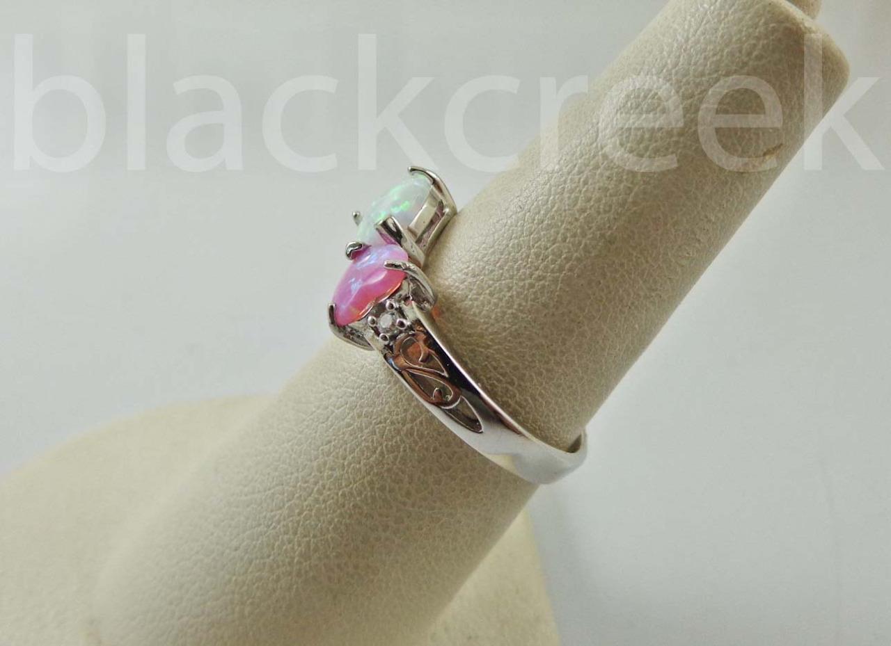925 Sterling Silver / White / Pink / Two Hearts / Opal~Size 4/5/6/7/8/9/10/11/12