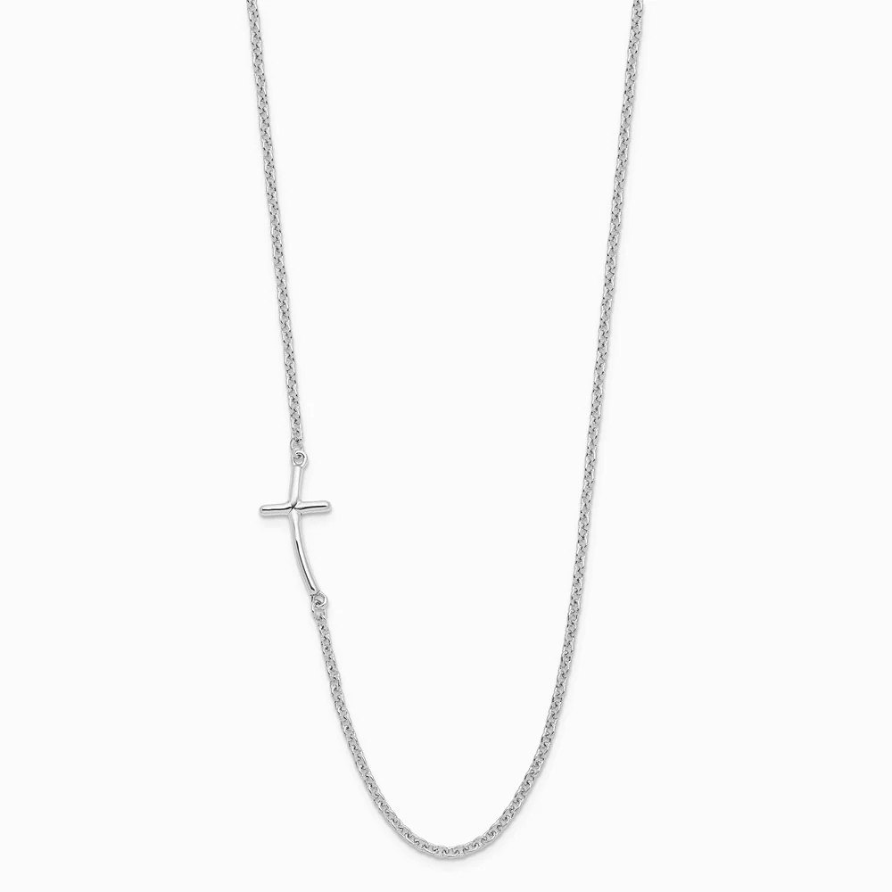 Sterling Silver Rh-Plated Small Off-Set Sideways Curved Cross Necklace