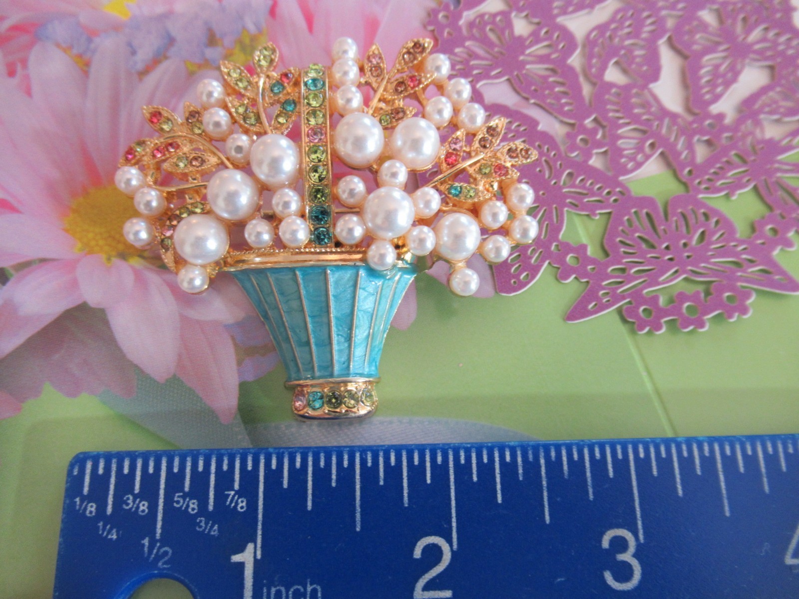 Easter Spring Flower Basket Brooch Sparkling Rhinestone Pin Mother’s Day Gift
