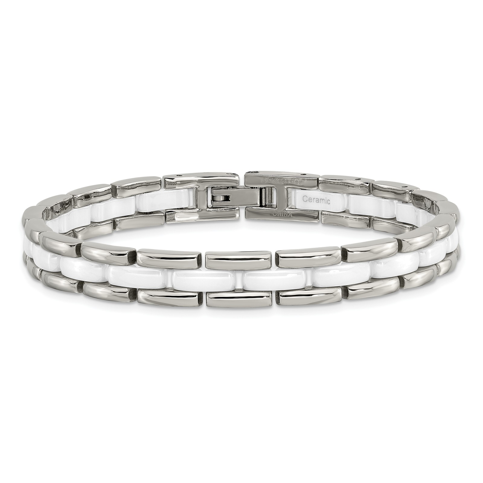 Chisel Stainless Steel Polished with White Ceramic 8 inch Link Bracelet SRB800