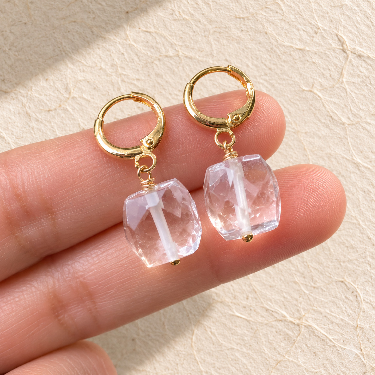 Natural Clear Quartz Cube Drop Earrings | 18K Gold Plated | Clarity & Focus