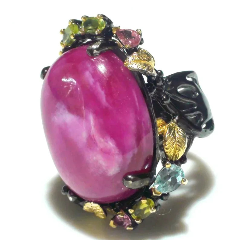 Cherry Ruby 86.30 carat Lizard Ring, Sterling Silver, Black & Yellow Gold Plated