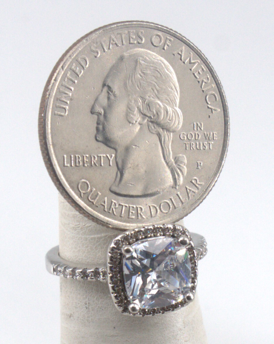 Sterling Silver Ring Cushion Cut Solitaire with Accents Cubic Zirconia Signed S