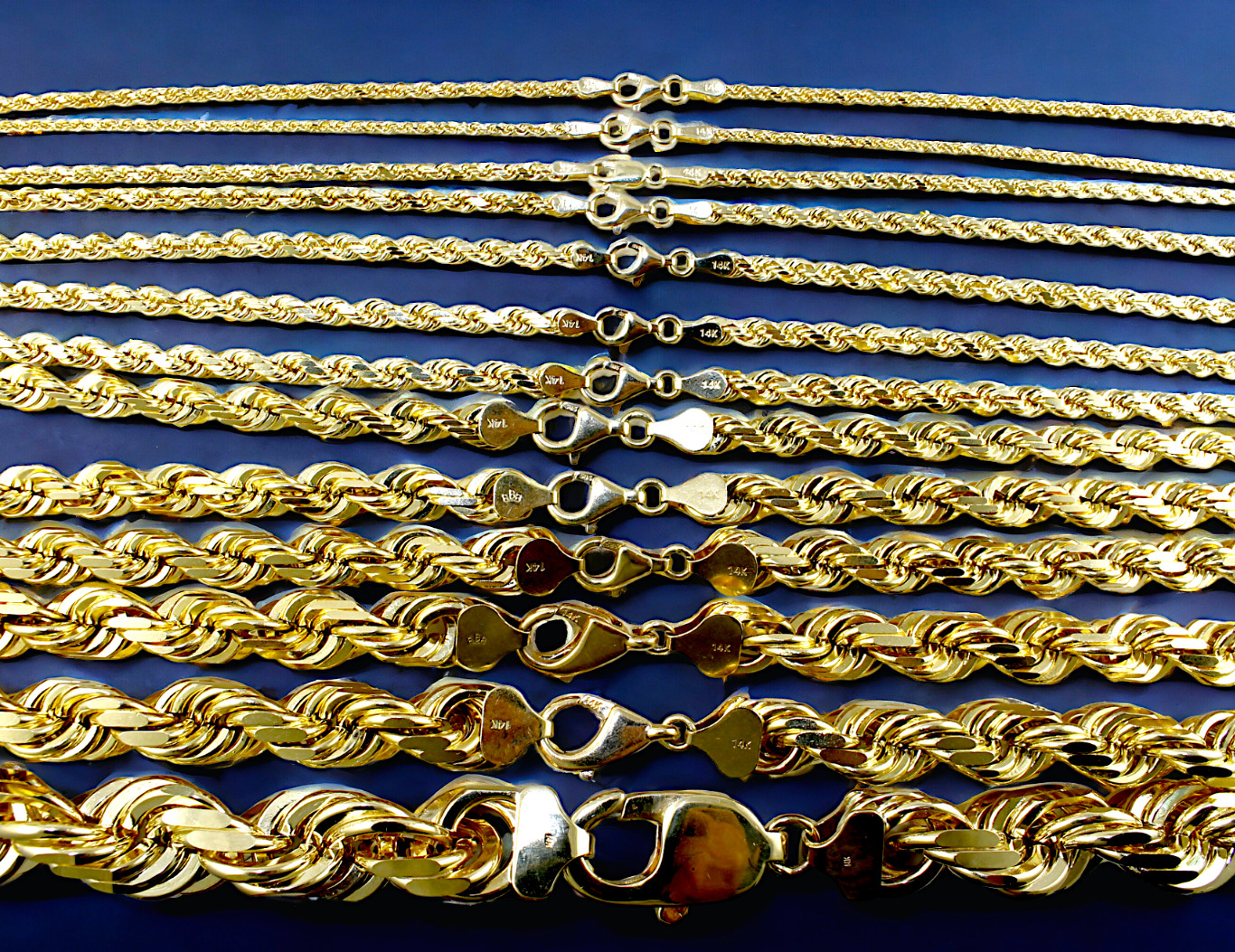 14K Yellow Gold 1mm-10mm Rope Chain Necklace Diamond Cut All Sizes Real
