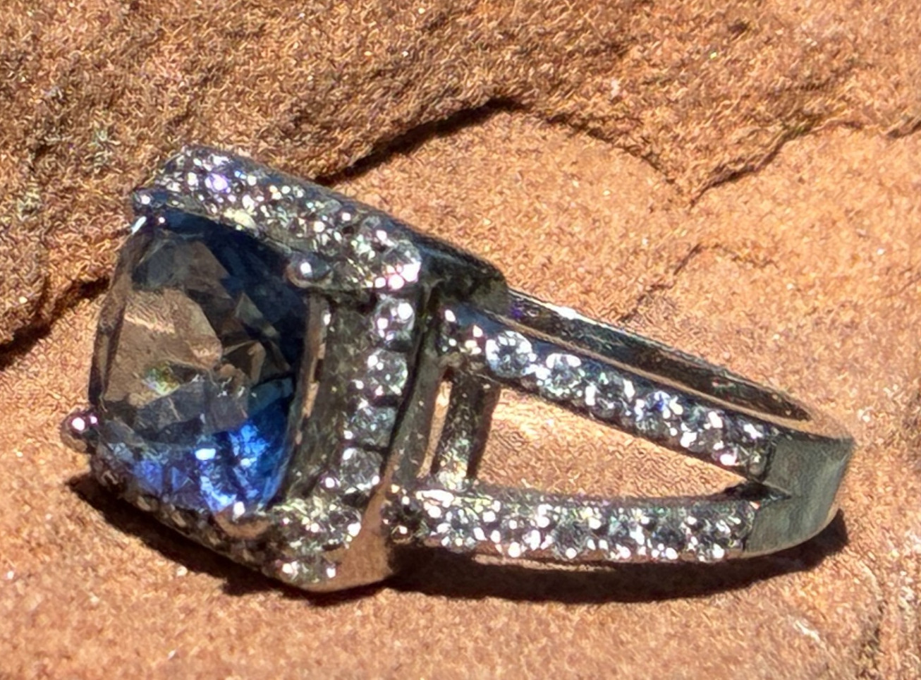 Vintage Sterling Silver Blue Glass Ring with CZ’s and Lots of Bling – Size 6