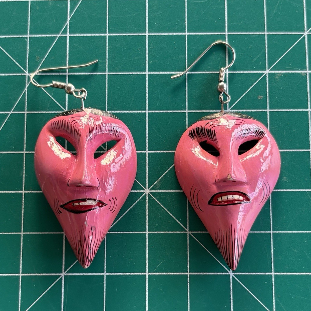 Pink & Black Plastic Asymmetrical Mask Face Dangle Earrings Hook Closure Lobe