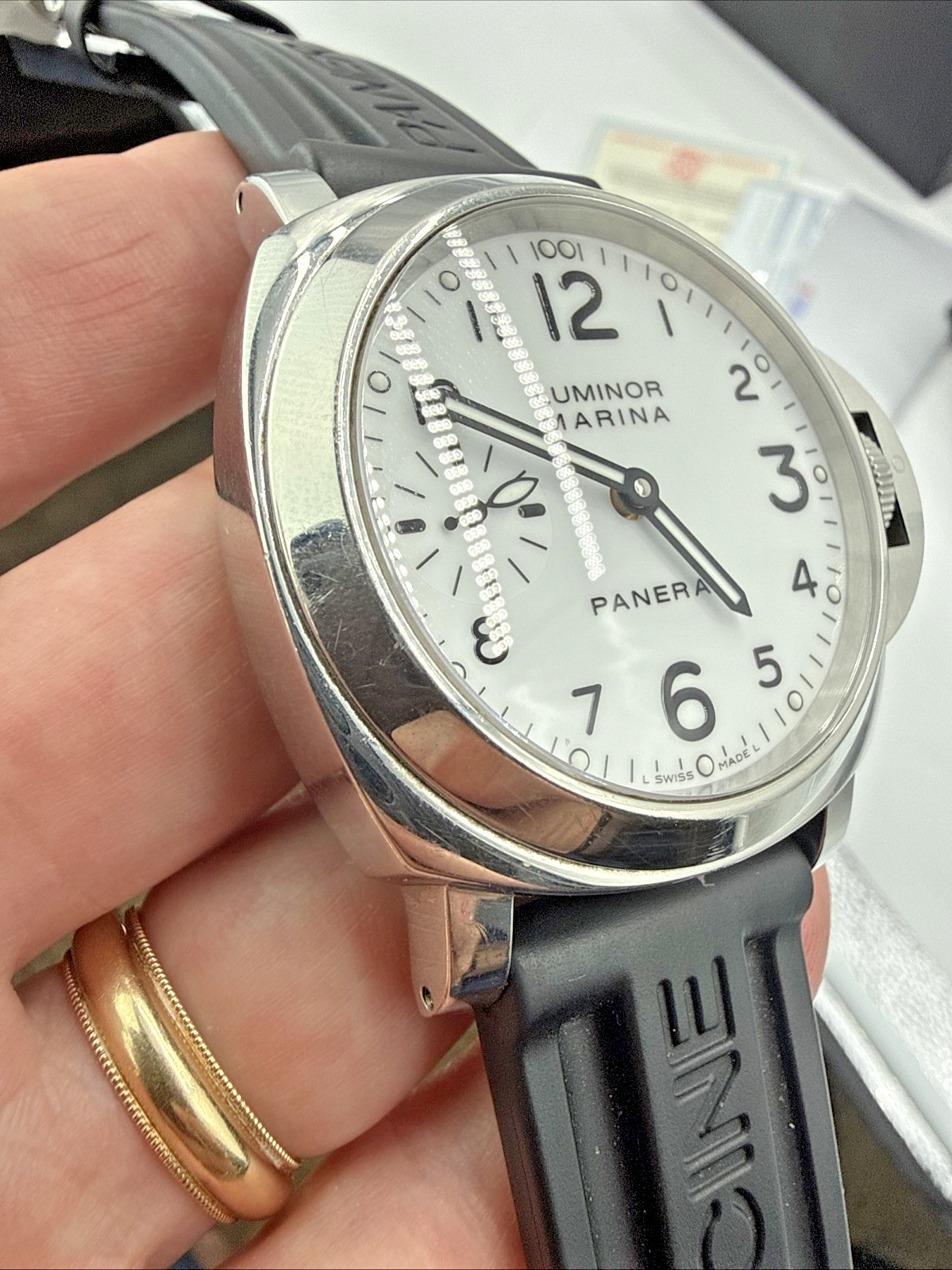 PANERAI 44MM Luminor MARINA PAM00113 OP6567 Box Papers WHITE DIAL Blk Rubber Bnd