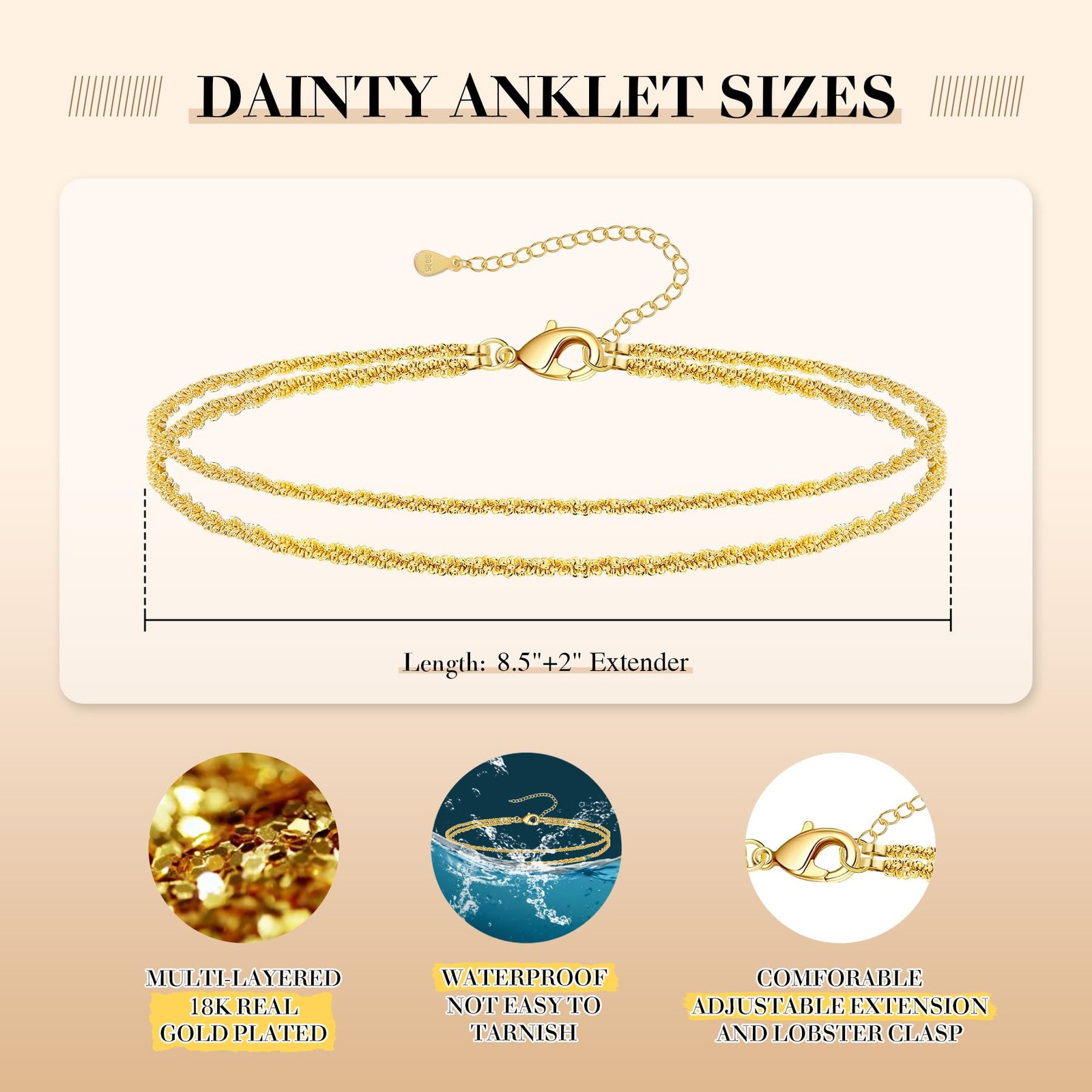 Sterling Silver Ankle Bracelets for Women Dainty Layered Waterproof Anklet Adjus
