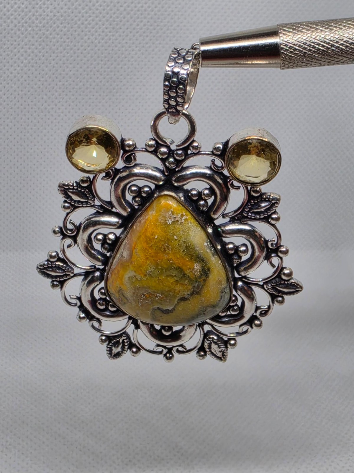 Bumble Bee Jasper and Citrine 925 Silver Plated Long Pendant Size 2.4″