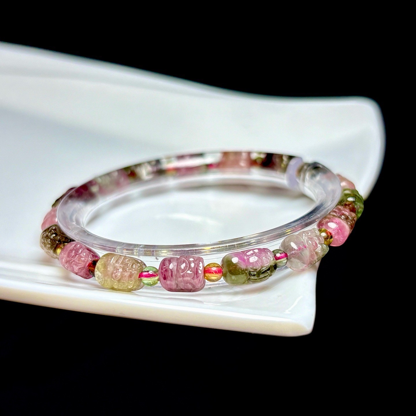 7.6*5*4mm Natural Color Tourmaline Crystal Quartz Carved Beads Bracelet