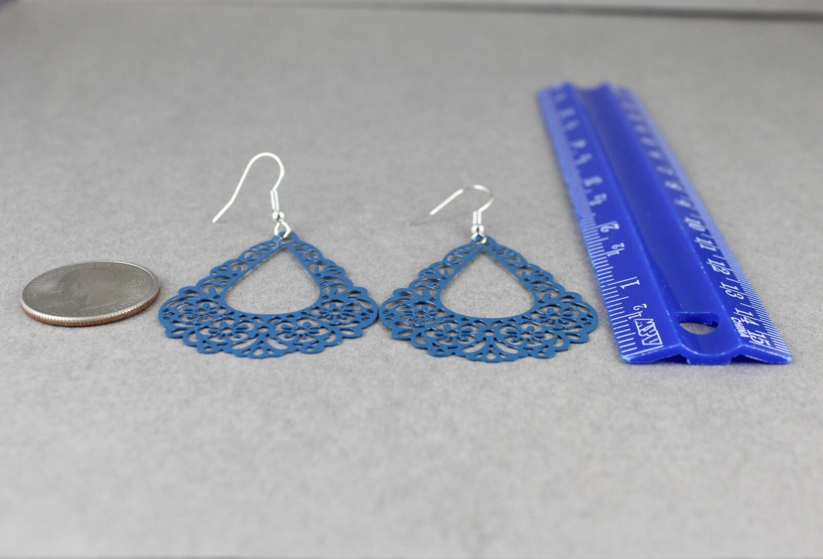 Blue Teal earrings teardrop dangle VERY lightweight filigree 2.5″ long floral