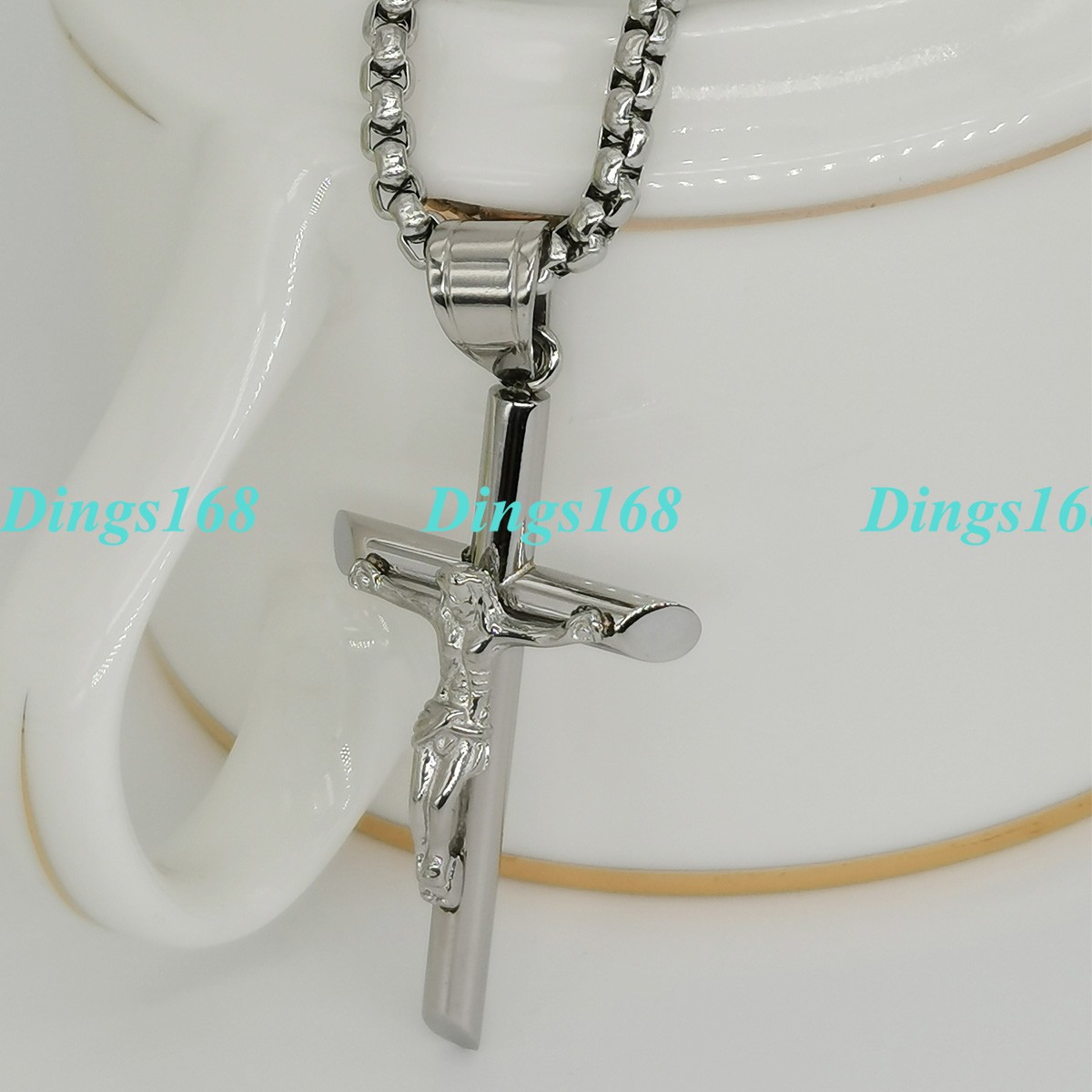 18K White Gold Filled Tarnish-Free INRI Cross Pendant+ Box Chain Necklace S378W