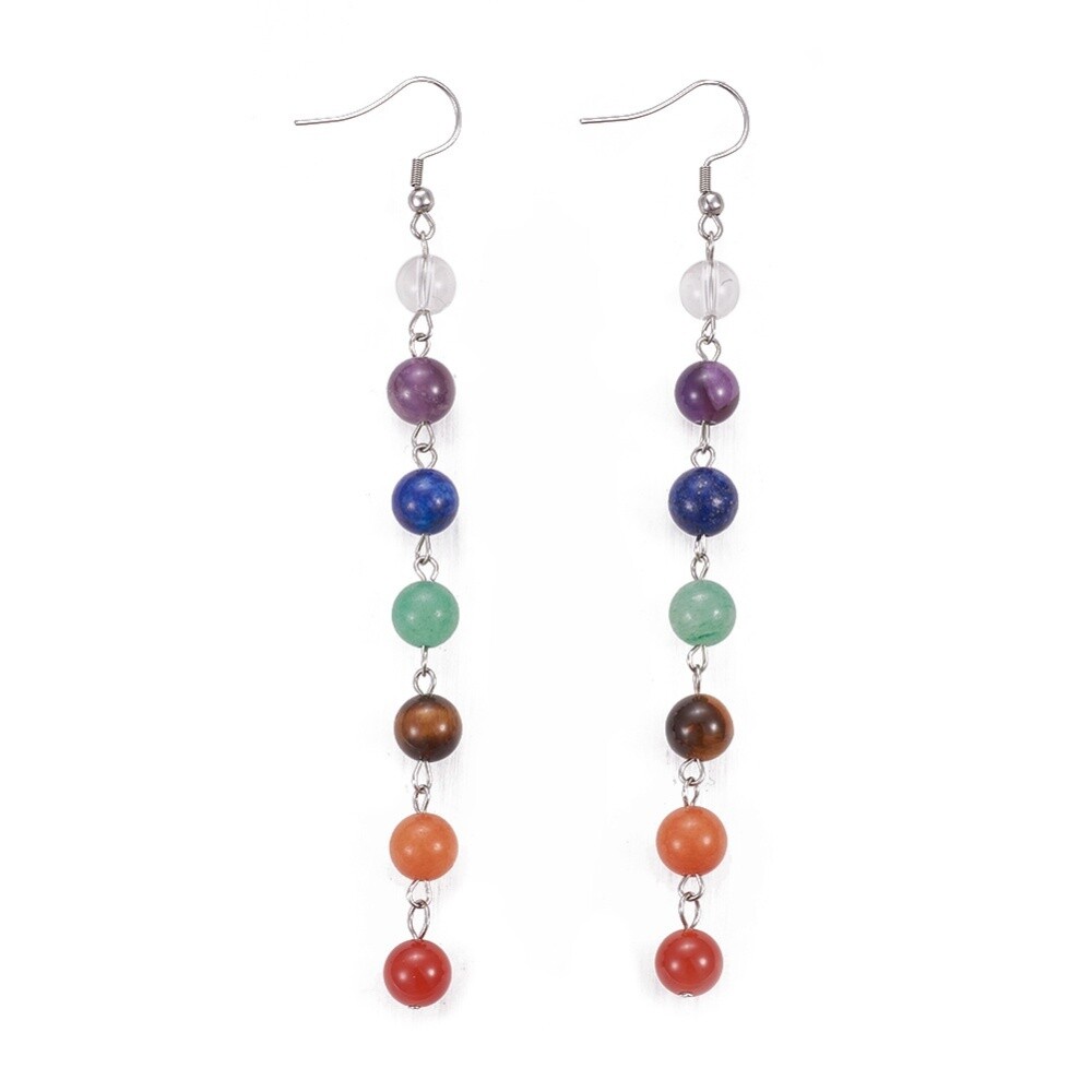 Chakra Mixed Gemstone Dangle Earrings Stainless Steel 117mm 96×8.5mm 0.7mm Z297