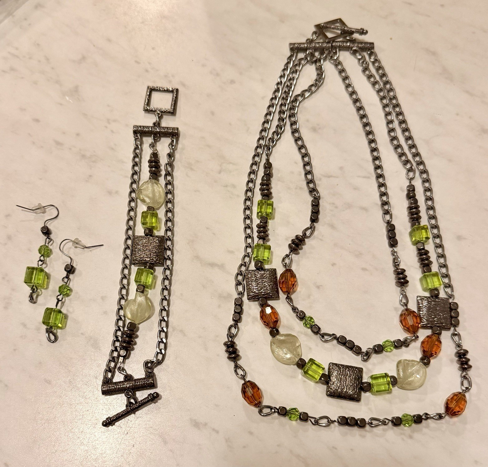 Gun metal Chain Jewelry Set Necklace Bracelet Earrings Green Amber Glass Cubes