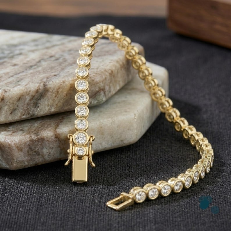 3.0 MM Round Moissanite Bezel Set 14K Gold Tennis Bracelet For Women