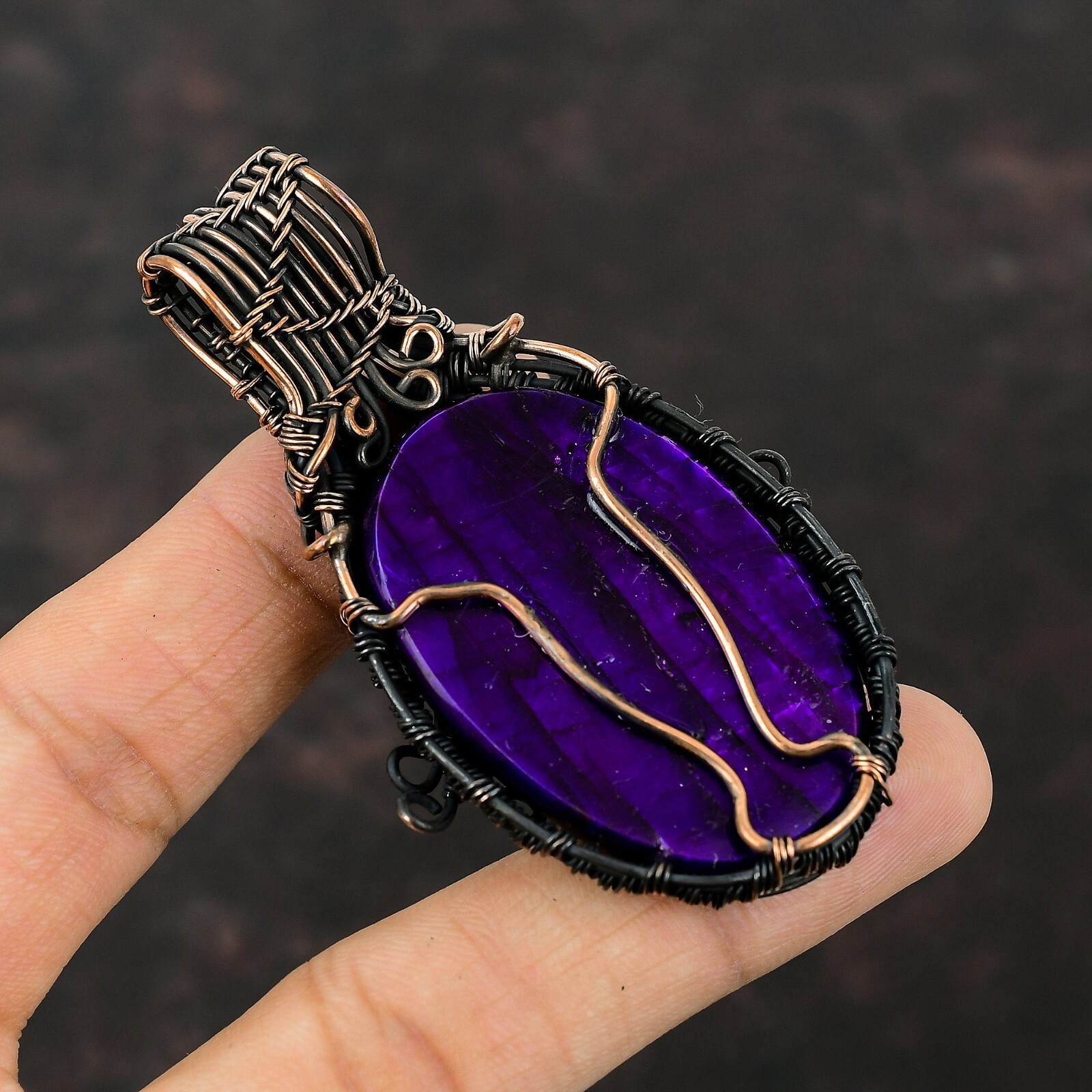 Purple Fire Labradorite Wire Wrapped Pendant Handcrafted Copper Dailywear 3.07″