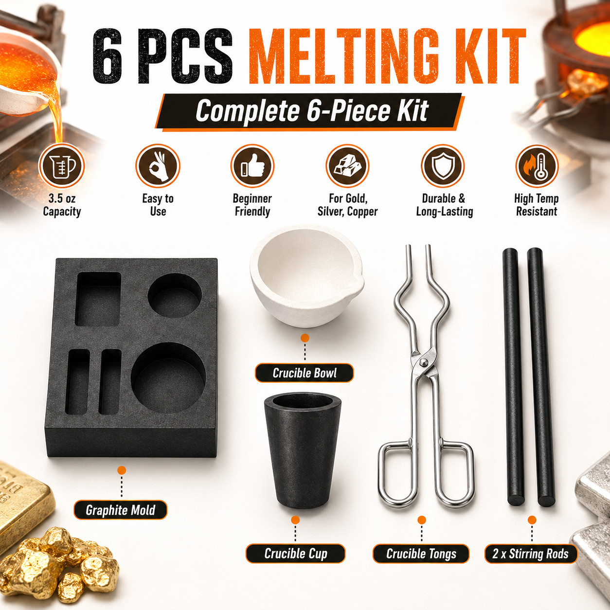 Graphite Casting Mold and Crucible Combo Kit 6PCS for Gold Silver Copper Melt
