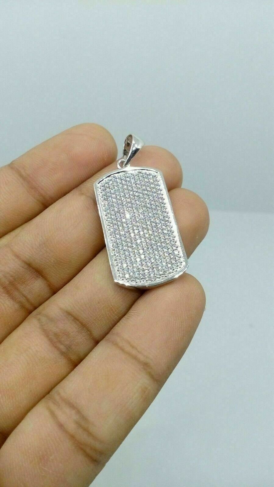 Stunning Men’s Dog Tag Simulated Diamond Cluster Pendant 14k White Gold Plated