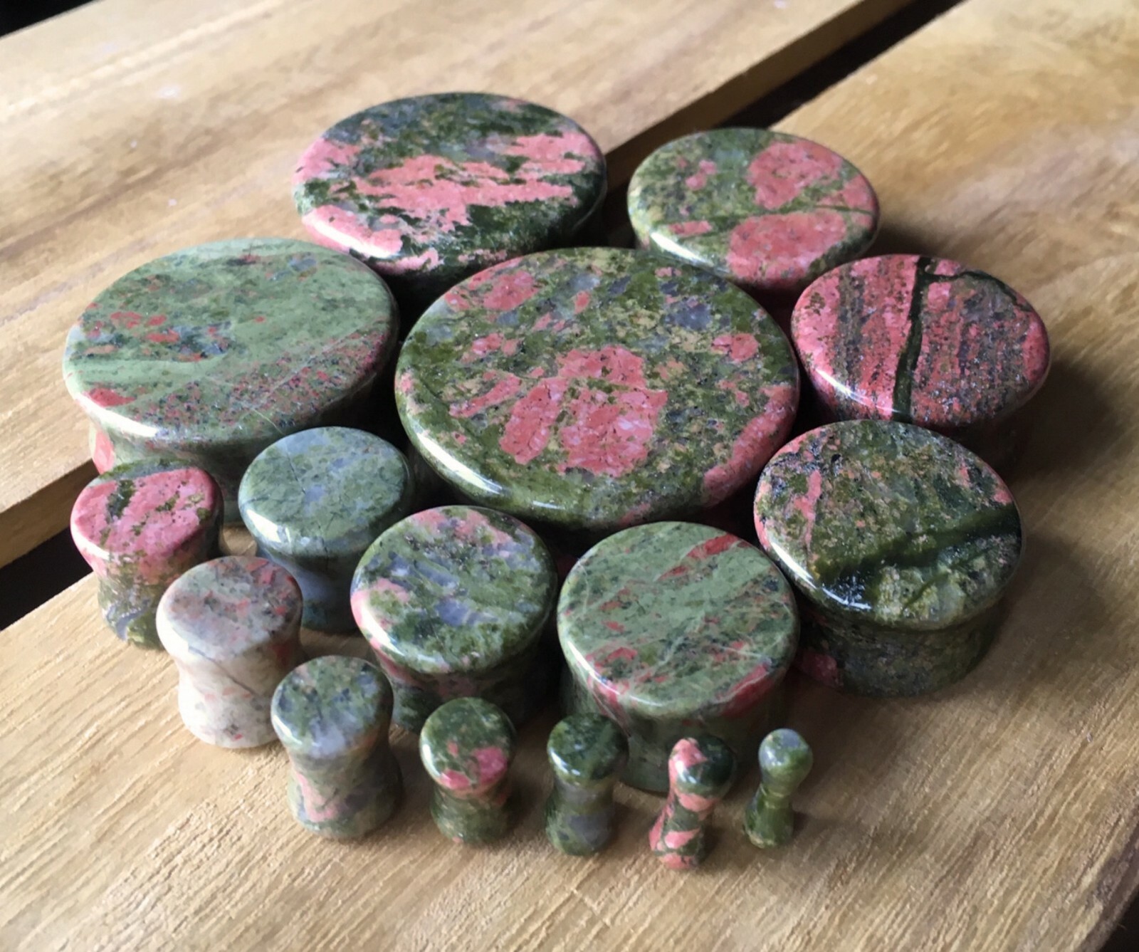 PAIR Unakite Organic Stone Plugs Gauges – 3mm (8g) up to 38mm (1.5″) available!