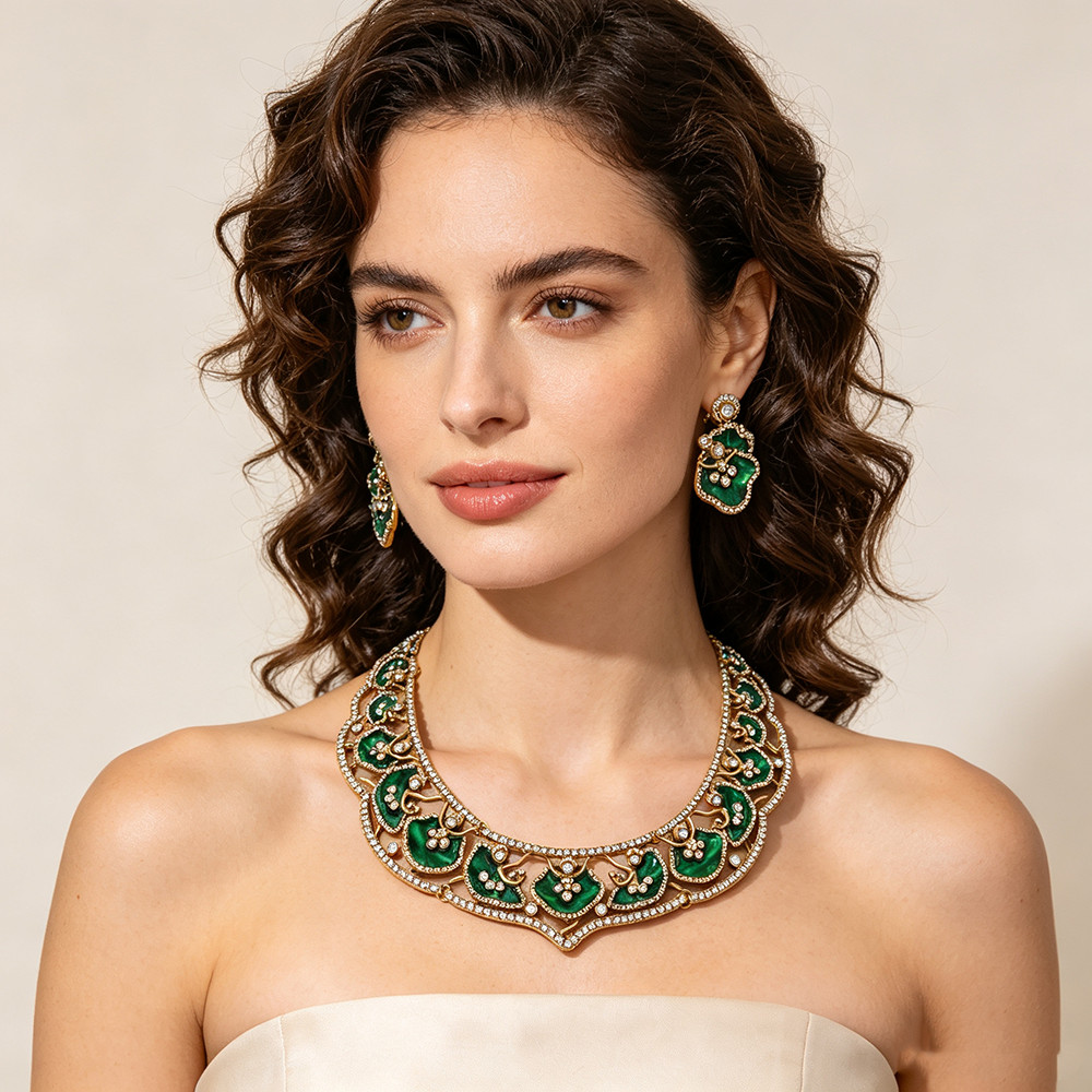 Handmade Enamel Rhinestone Lotus Leaf Bib Collar Necklace & Earrings Jewelry Set