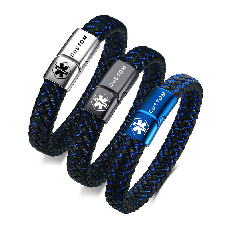 Braided Leather Medical Alert Men Bracelet Cuff Bangle Free Personalized Engrave