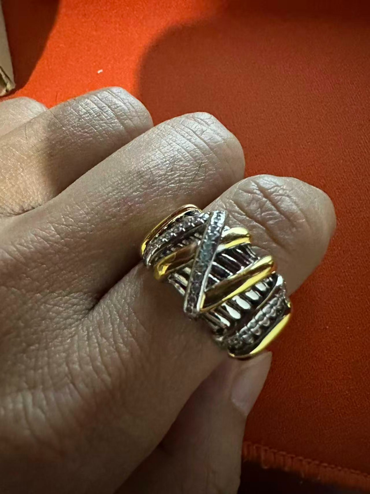 David Yurman Crossover Ring Sterling Silver 18K Yellow Gold With Pave Diamonds 7