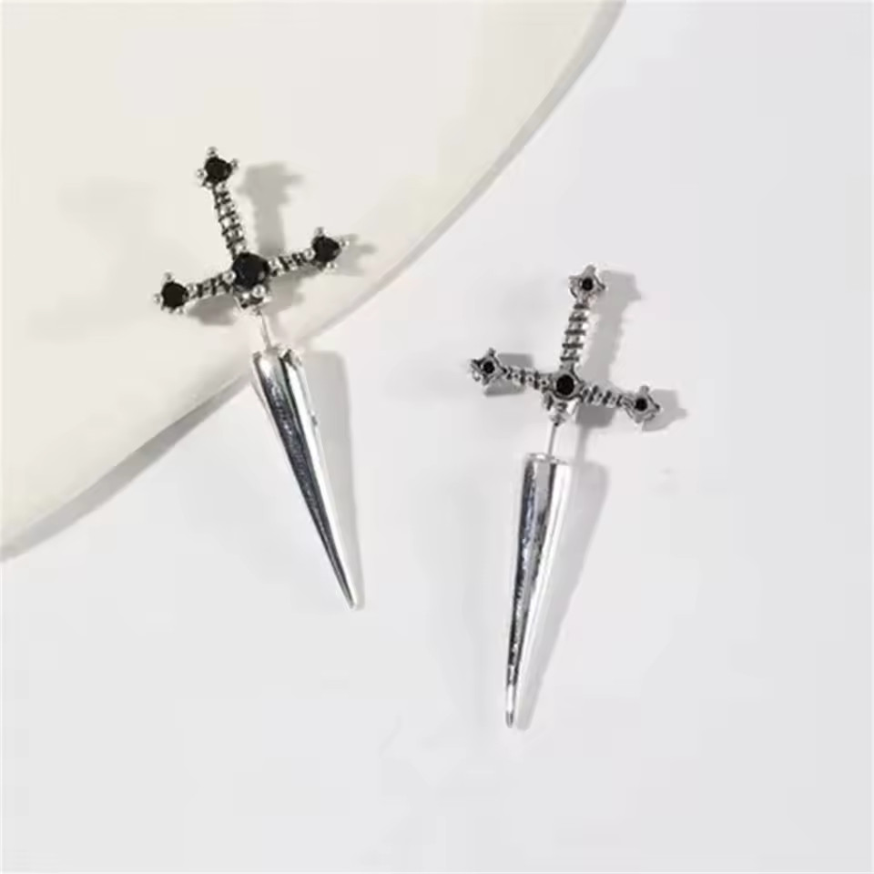 2pcs Gothic Sword Stud Earrings, Vintage Punk Crystal Dagger Ear Piercing Jewelr