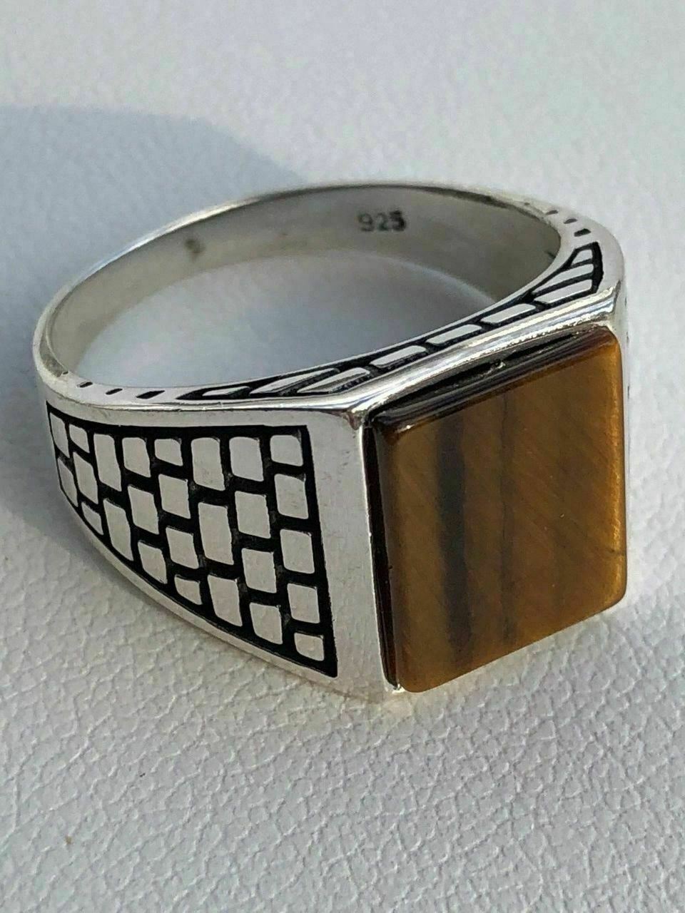 Mens Real Solid 925 Sterling Silver Tiger Eye Square Ring Size 7 8 9 10 11 12 13