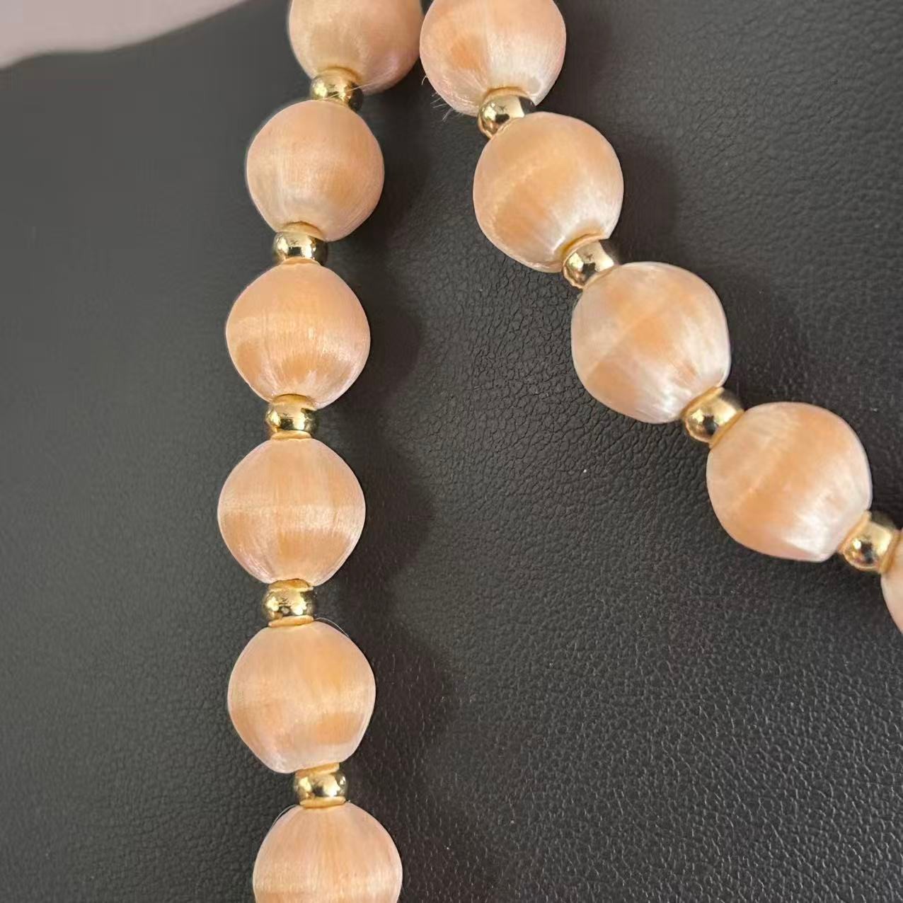 Vintage Peach Pink Silk Satin Thread Wrapped Bead Single Strand Necklace 30″