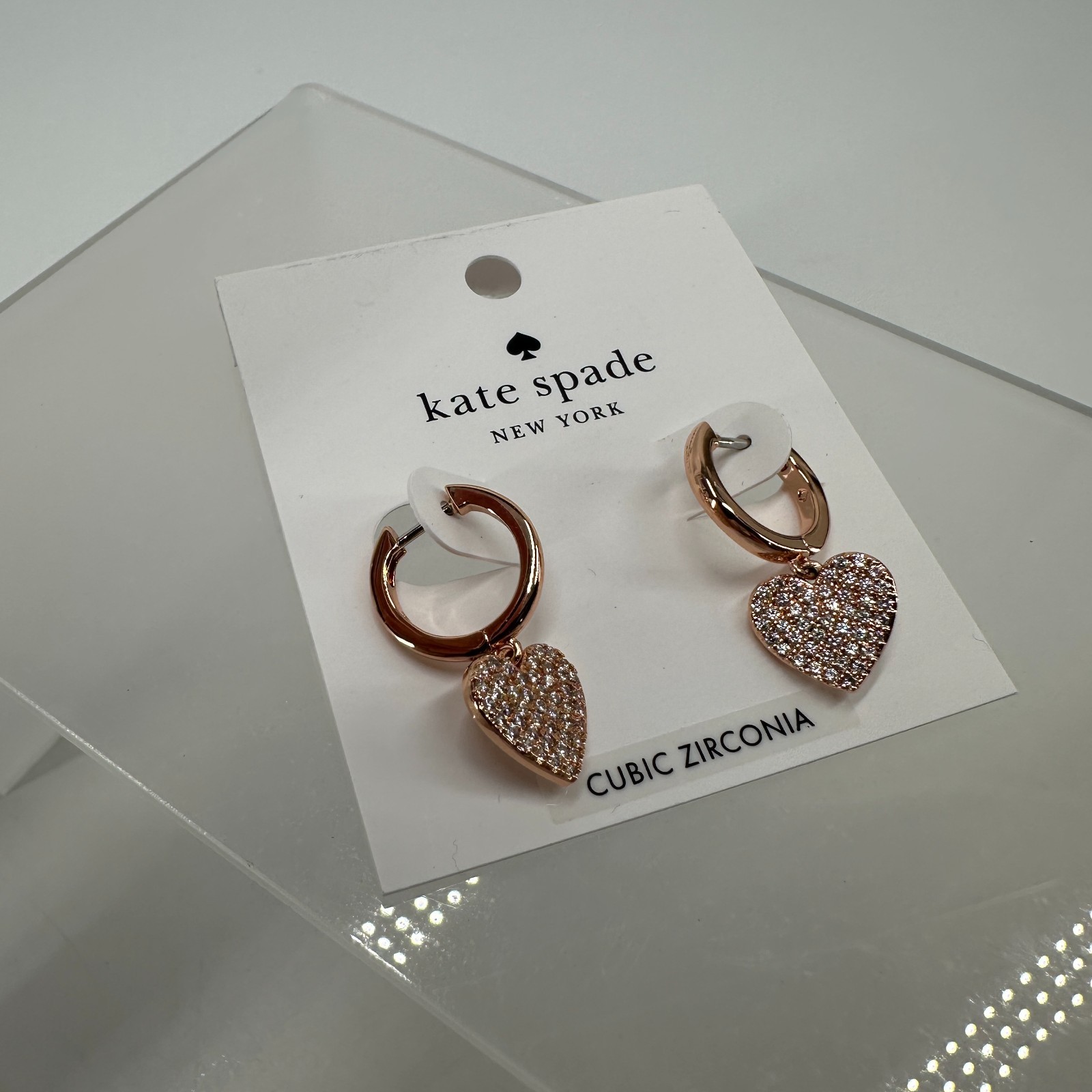 Kate Spade New York Rose Gold Silver Pave Heart Dangle Drop Earrings