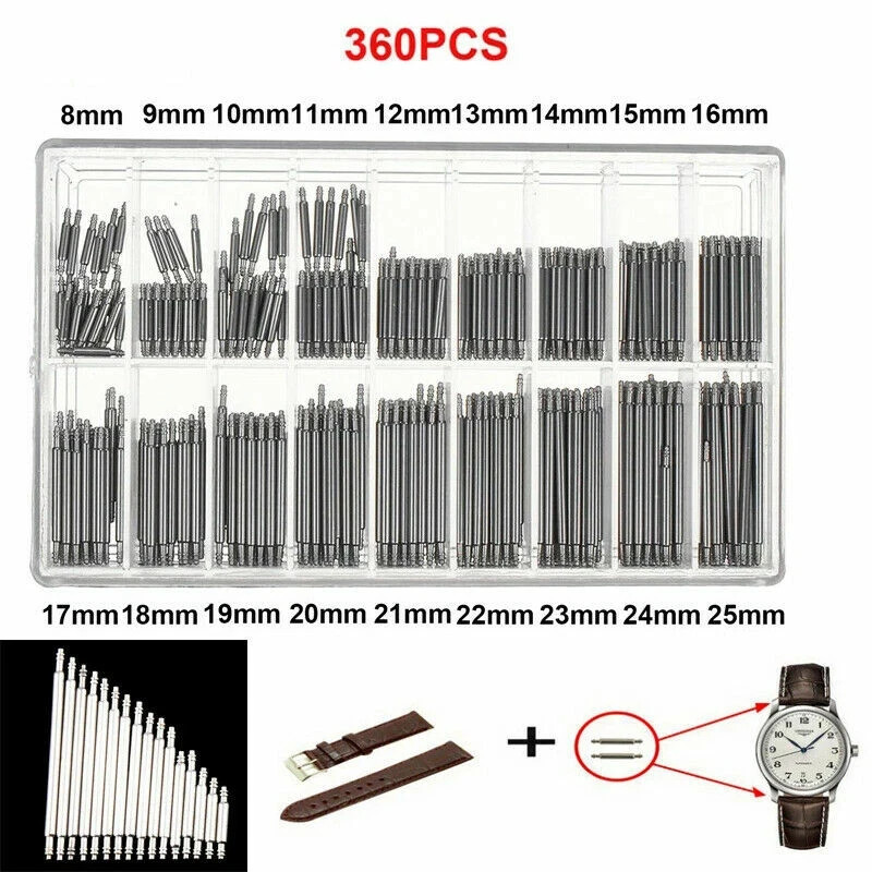 360Pcs Watch Pins Spring Bars Band Strap Link Remover Set Repair Kit Stainless