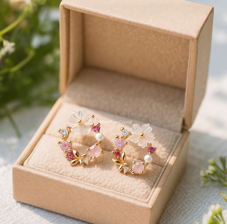 Circle Flower Pearl Stud Earrings 925 Sterling Earring Minimalist Women Jewelry