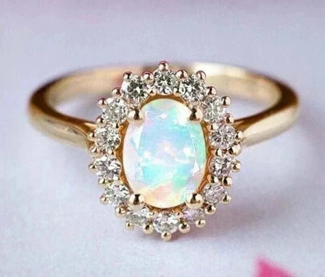 2Ct Oval Cut Lab Created Fire Opal Women Engagement Ring 14K Yellow Gold Plated