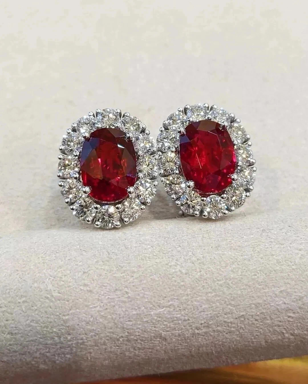6.80 Ct Oval Cut Natural Red Ruby & Diamond Earring Stud Solid 14K White Gold