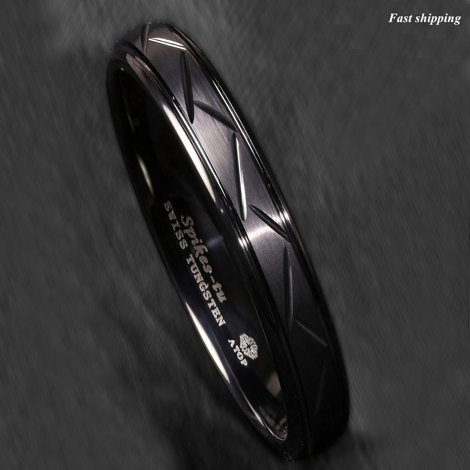 8/6mm Dome Black Warrior Brushed Center Tungsten Ring Bridal Band ATOP Jewelry
