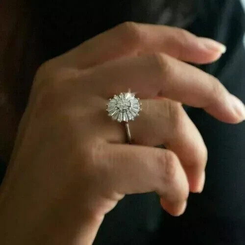 2.00Ct Round Baguette Cut Real Mossanite Ring 14K White Gold Plated