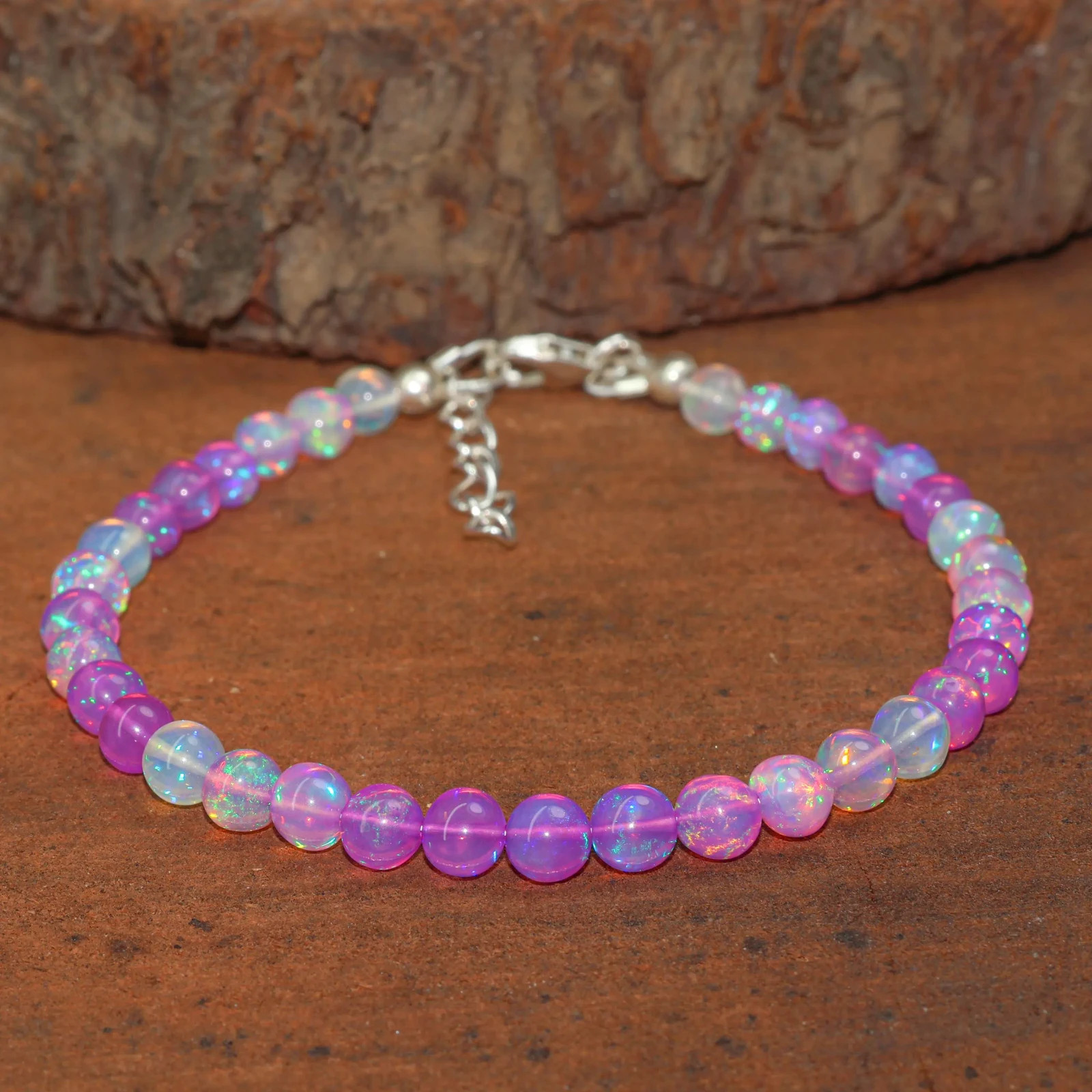 Purple Opal Gemstone Round Beads Bracelet, Genuine Fire Opal Beaded Bracelet