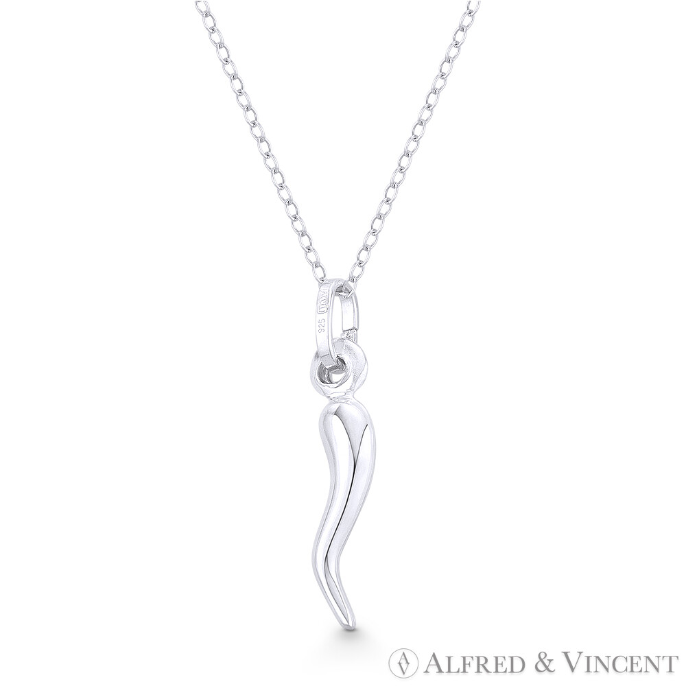 Tiny Italian Horn Corno Evil Eye Luck Pendant & Necklace in 925 Sterling Silver
