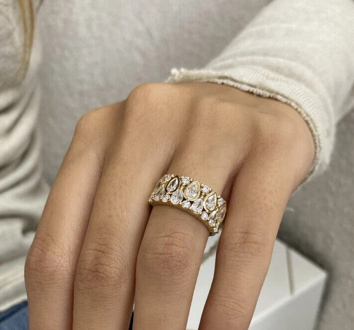 Wedding Ring Diamond Band Pear & Round EF VS Lab Grown Solid 14k Yellow Gold